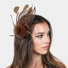 Load image into Gallery viewer, Brown Feather &amp; Mesh Flower Hair Pinch Clip / Brooch
