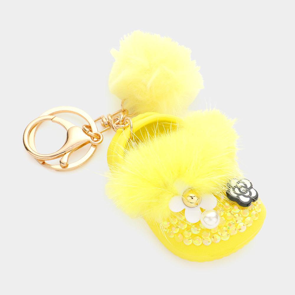 Studded Shoe Faux Fur Pom Pom Keychain