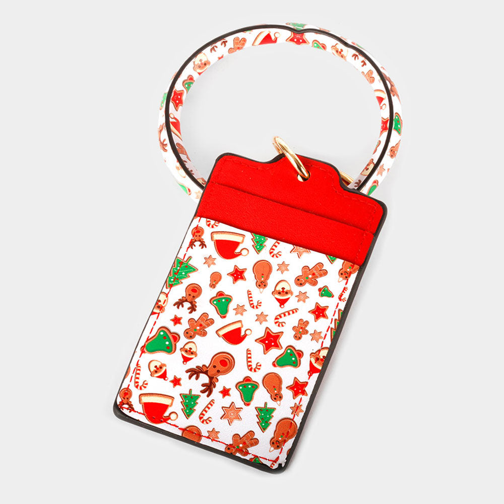 White Christmas Theme Printed Faux Leather Card Holder Keychain / Bracelet