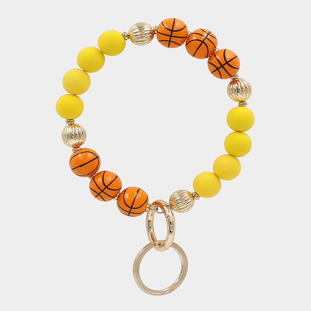 Yellow Basketball Wood Ball Accented Beaded Keychain / Bracelet