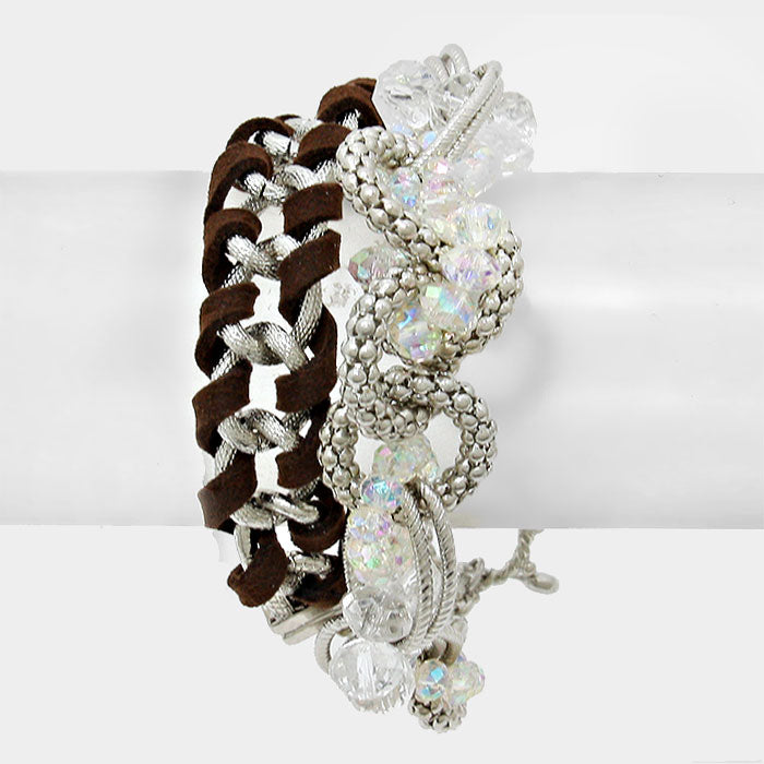 Silver Glass bead & woven faux suede link toggle bracelet