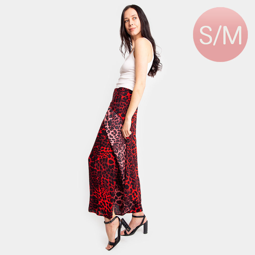 Red Leopard Print Slit Wide Leg Palazzo Pants