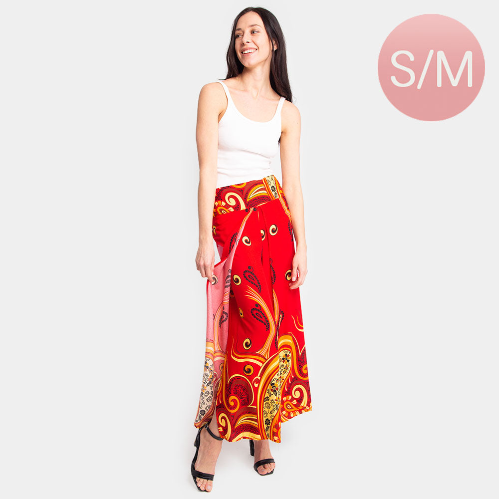 Red Paisley Print Slit Wide Leg Palazzo Pants