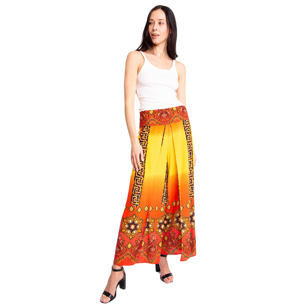 Yellow Greek Print Slit Wide Leg Palazzo Pants