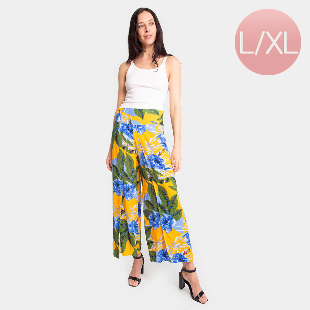 Yellow Floral Print Slit Wide Leg Palazzo Pants