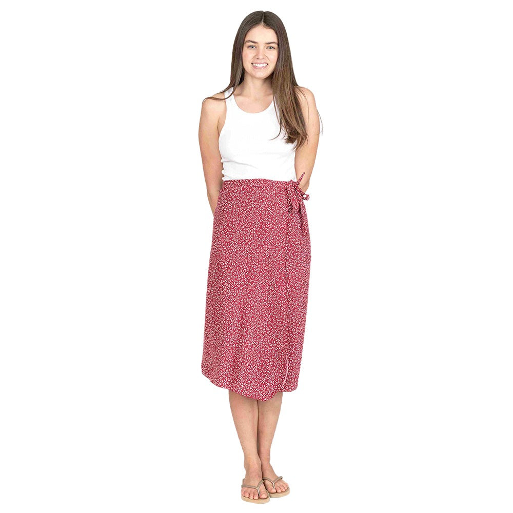 Red Patterned Beach Cover Up Midi Wrap Skirt