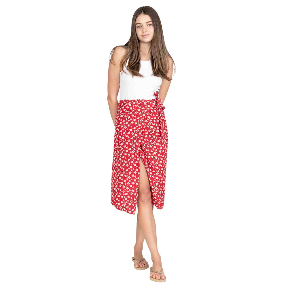 Red Flower Patterned Beach Cover Up Midi Wrap Skirt