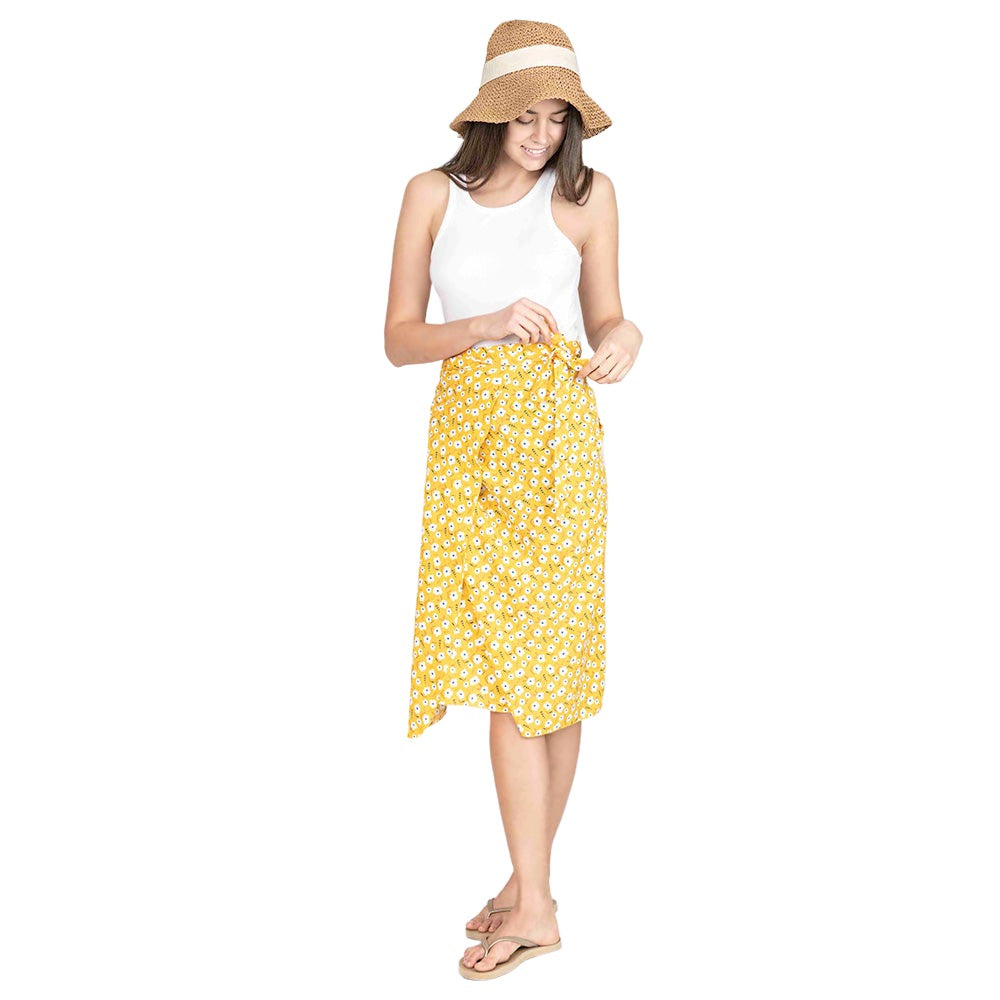 Yellow Flower Patterned Beach Cover Up Midi Wrap Skirt