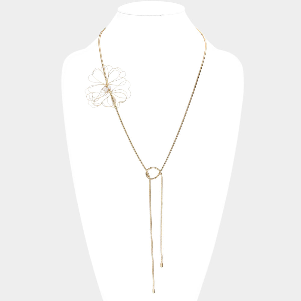 Gold Pearl Pointed Metal Wire Flower Accented Adjustable Long Necklace