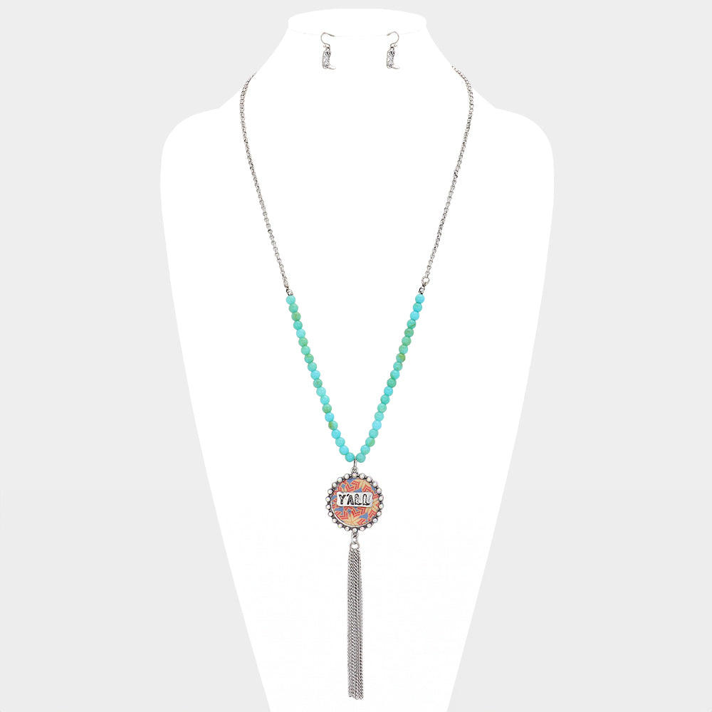 Silver Y'all Patterned Round Drop Chain Tassel Necklace