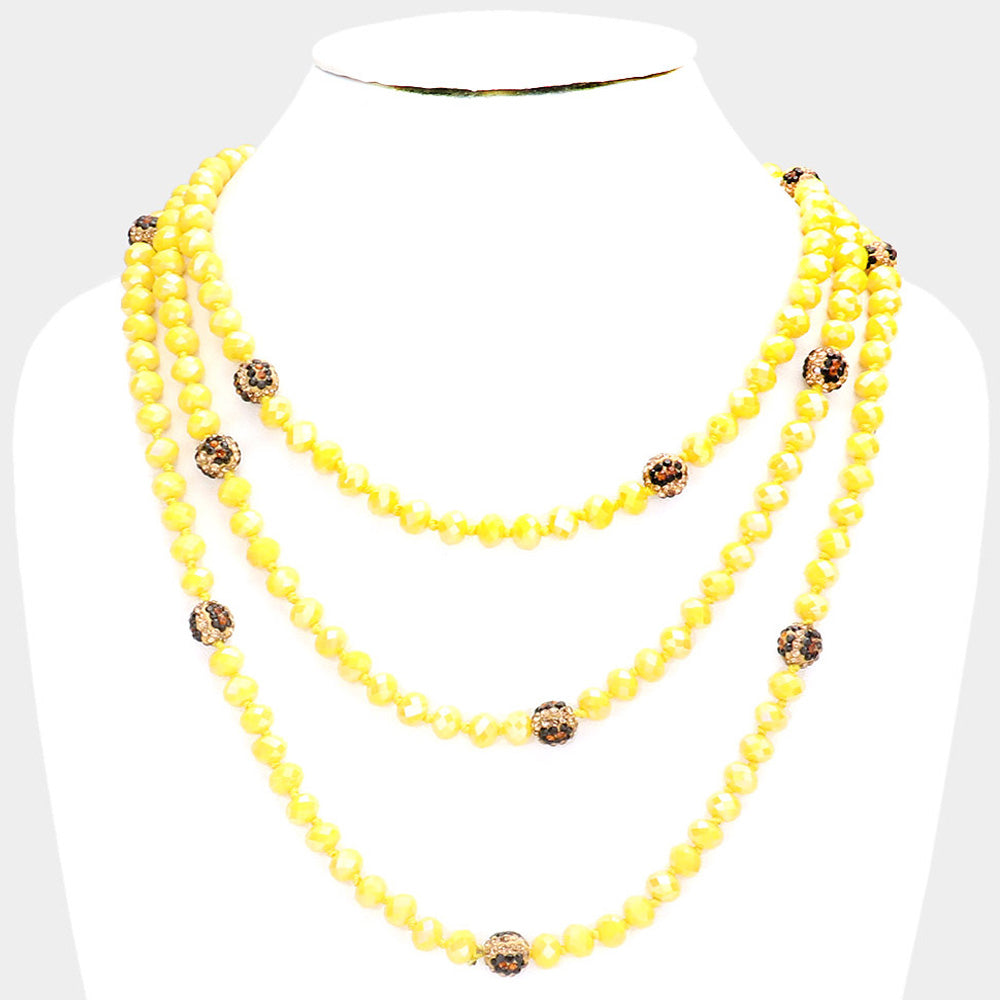 Yellow Leopard Pattern Shamballa Ball Accented Faceted Bead Long Necklace