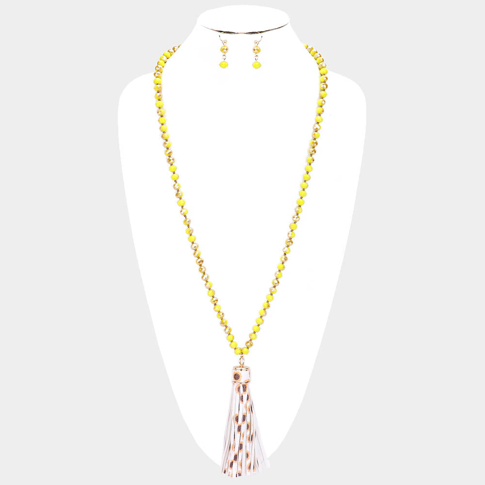 Yellow Faux Leather Tassel Faceted Bead Long Necklace