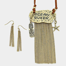 Load image into Gallery viewer, Gold &quot;Ocean Queen&quot; Starfish &amp; Mermaid Charm Metal Chain Fringe Necklace
