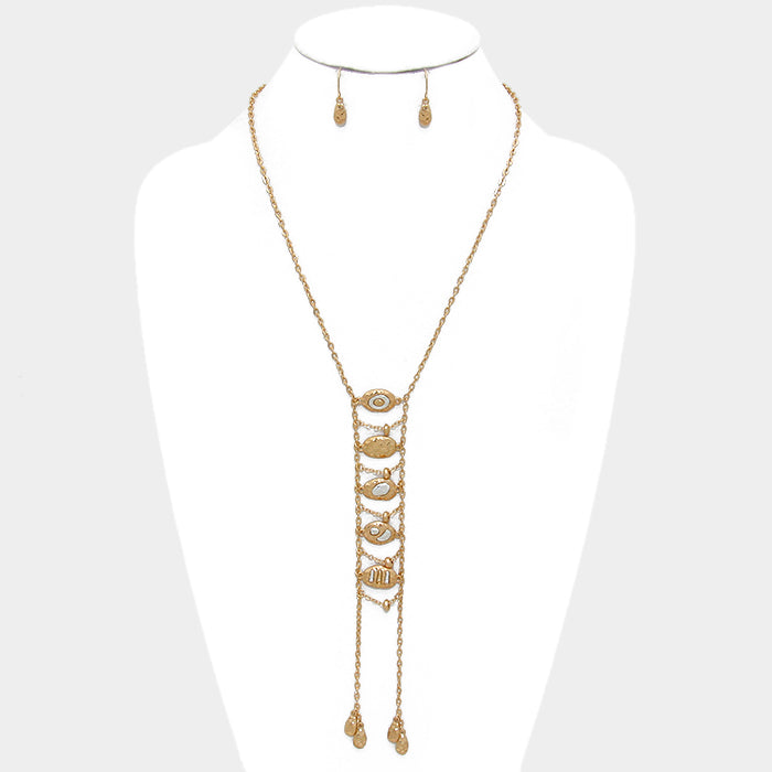 Gold Hammered Metal Disc Double Strand Long Y-Necklace
