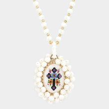 Load image into Gallery viewer, White Virgin Mary Cross Printed Faceted Bead Cluster Pendant Long Necklace
