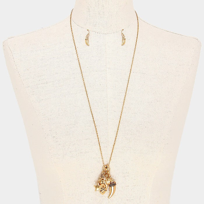 Gold Metal elephant & horn multi-charm long necklace