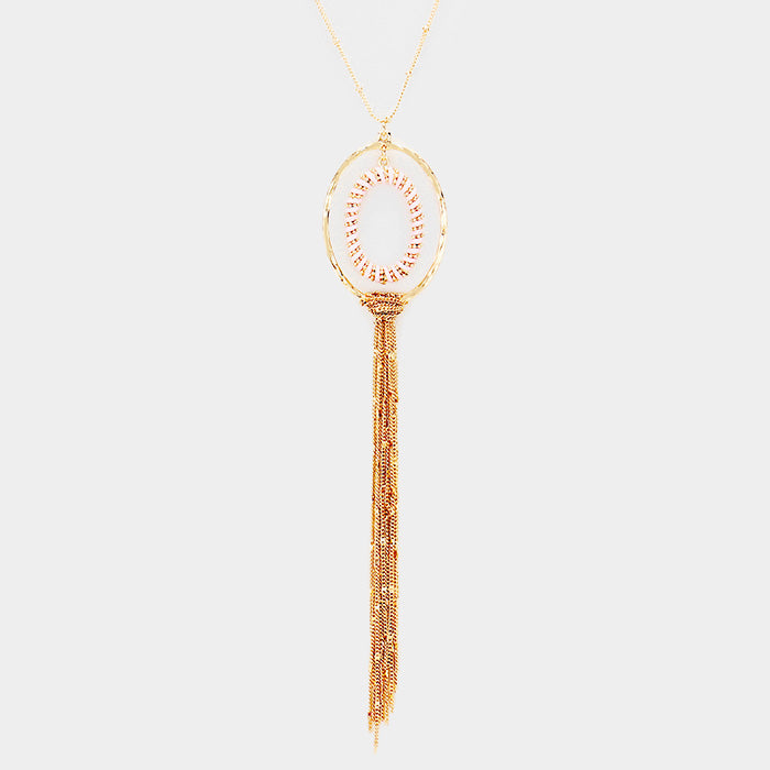 Pink Thread Wrapped Oval Hoop Long Drop Chain Tassel Necklace