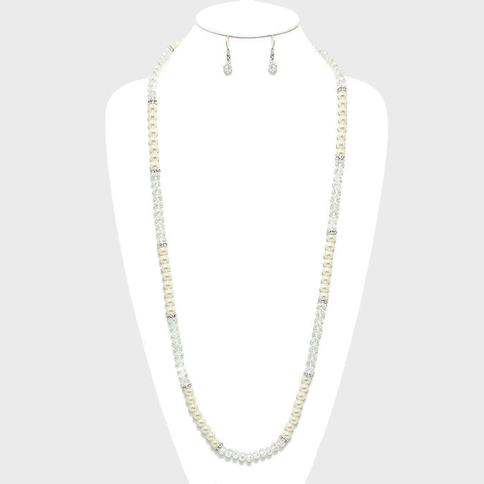 Cream Metallic Bead & Pearl Long Necklace
