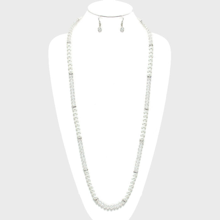 White Metallic Bead & Pearl Long Necklace
