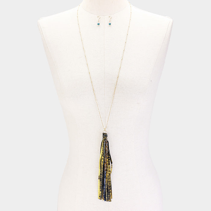 Blue Bead Accented Gold Metallic Leatherette Tassel Necklace