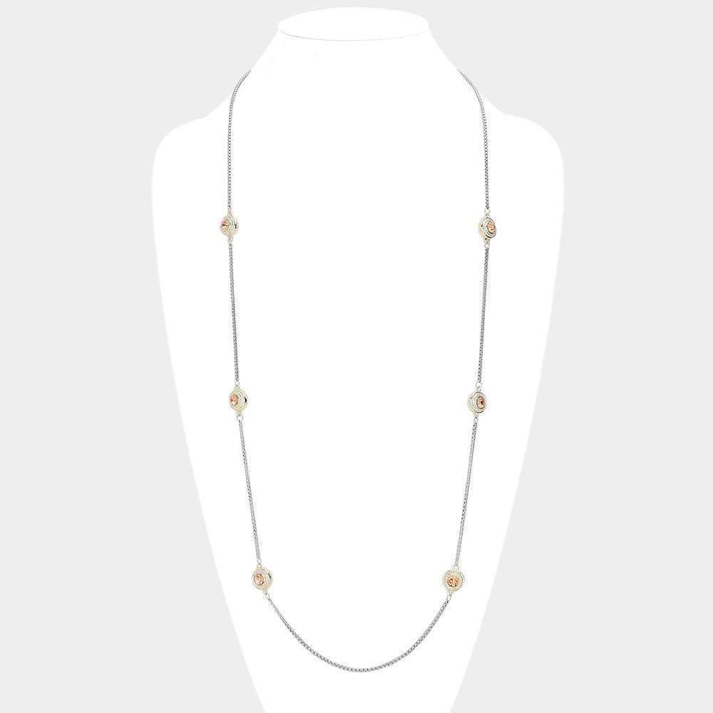 Gold 14K Gold Plated Two Tone Stone Paved Circle Pendant Station Long Necklace