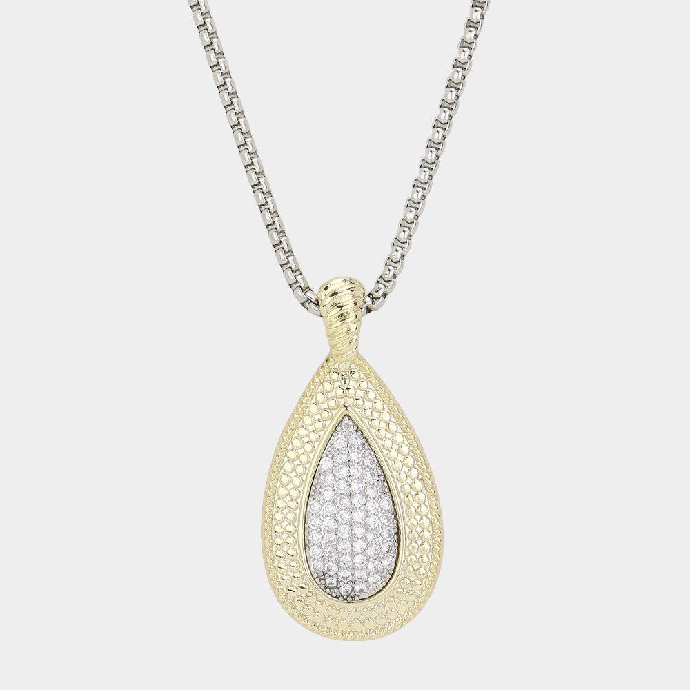 Gold 14K Gold Plated CZ Stone Paved Two Tone Teardrop Pendant Long Necklace