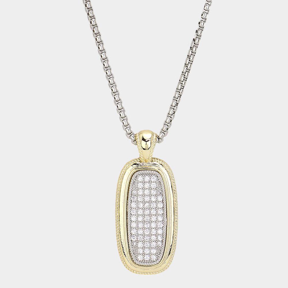 Gold 14K Gold Plated CZ Stone Paved Two Tone Oval Pendant Long Necklace