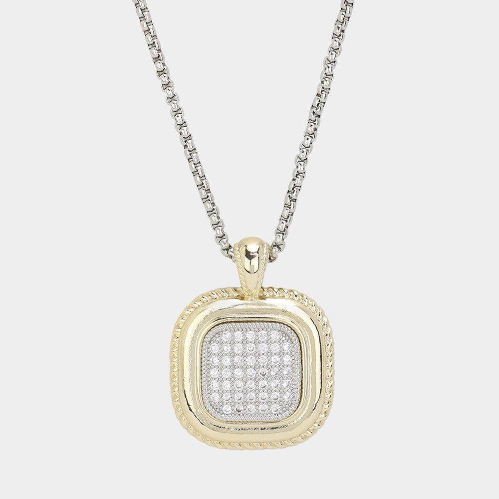 Gold 14K Gold Plated CZ Stone Paved Two Tone Square Pendant Long Necklace