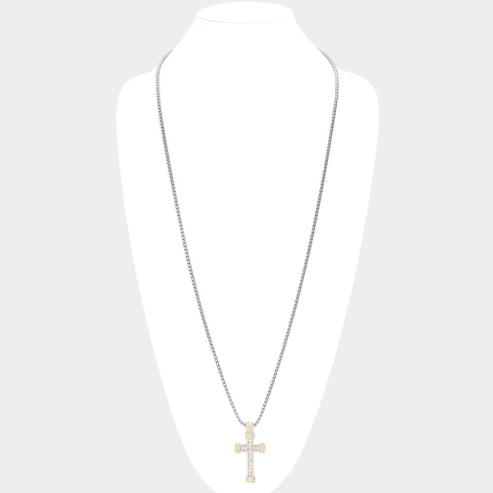 Gold 14K Gold Plated Two Tone Stone Paved Cross Pendant Long Necklace