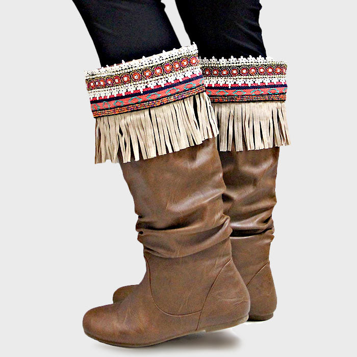 1-Pair Boho Beaded Suede Fringe Boot Toppers