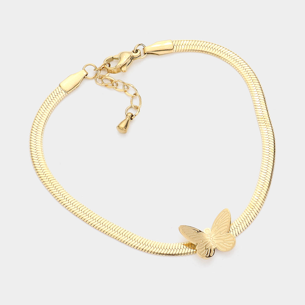 Gold Stainless Steel Butterfly Pointed Herringbone Chain Bracelet