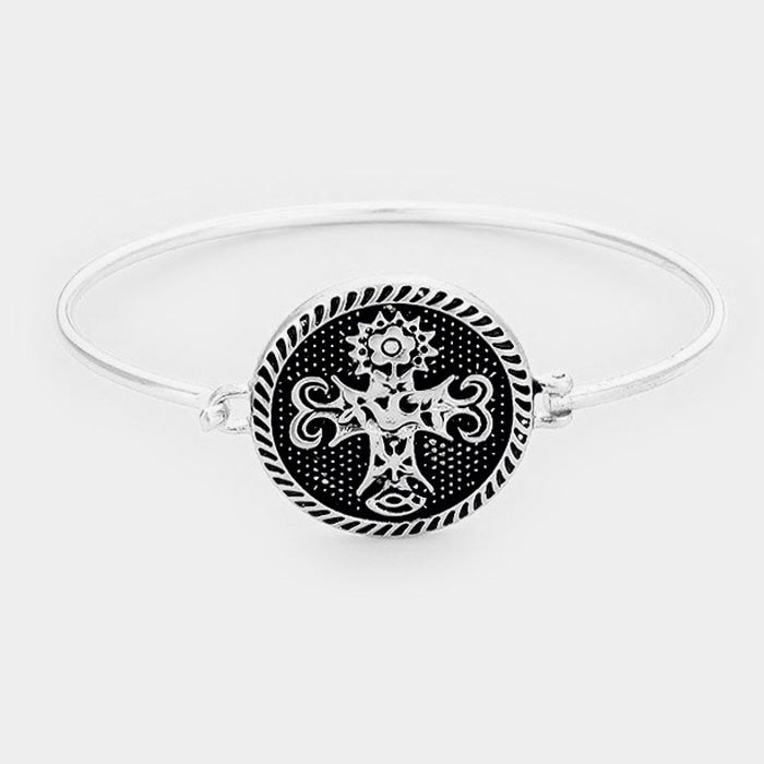 Silver Ornate Floral Cross Bangle Bracelet