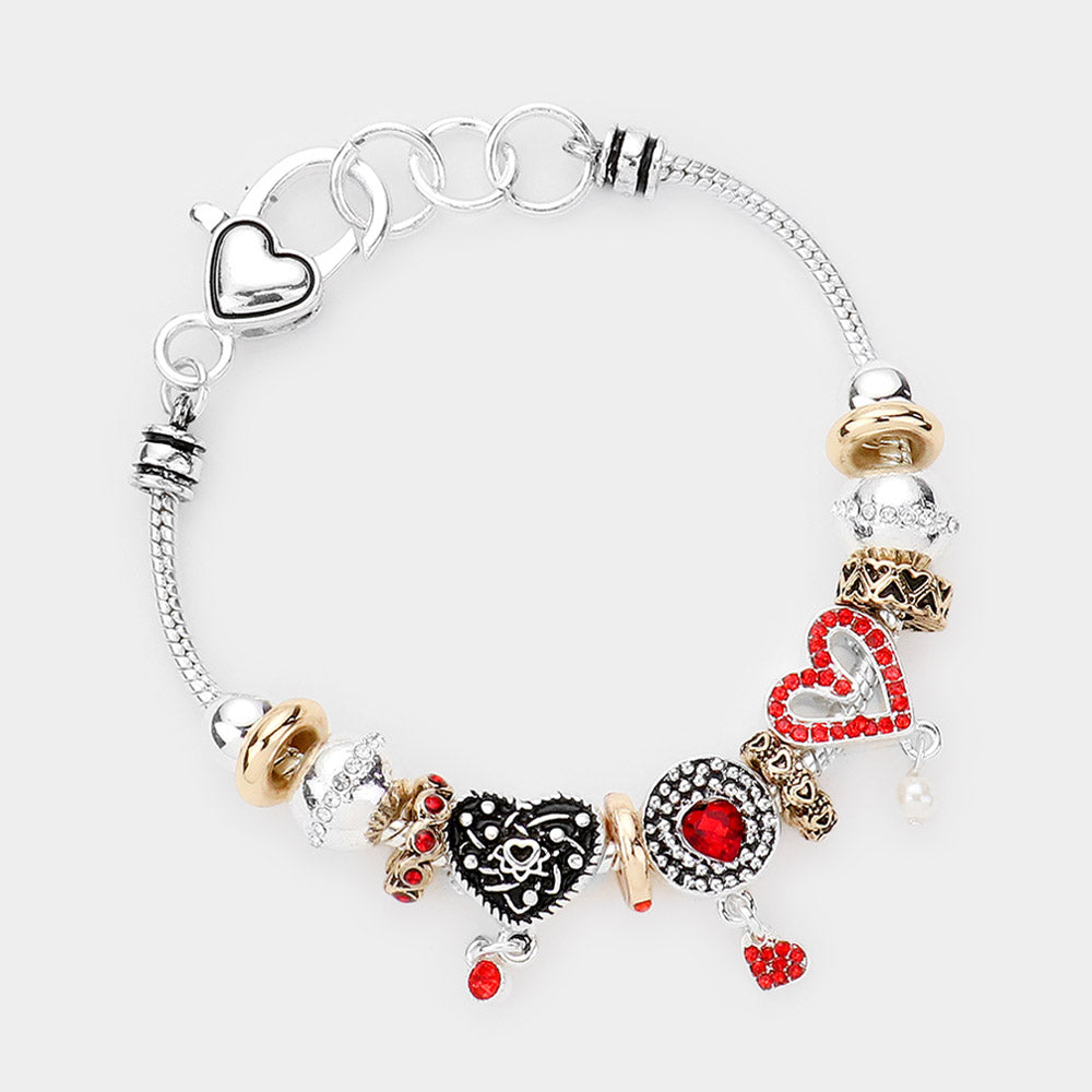 Two Tone Rhinestone Embellished Heart Multi Bead Bracelet