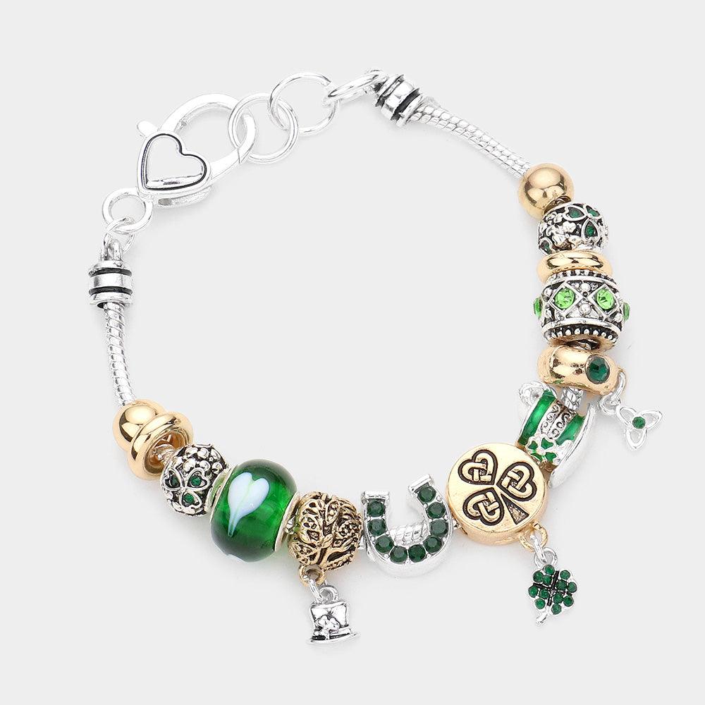 Two Tone St. Patrick's Day Clover Hat Horseshoe Multi Bead Bracelet