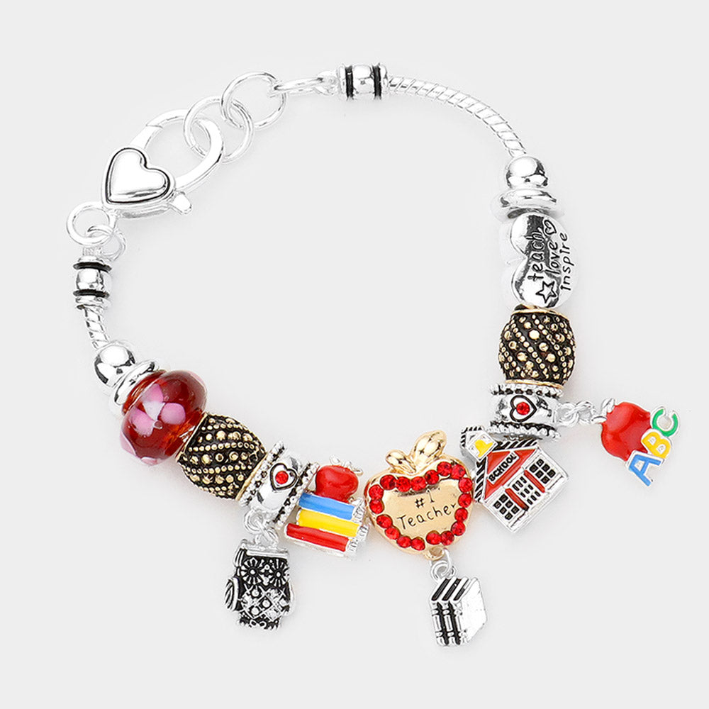 Two Tone No. 1 Teacher Rhinestone Embellished Apple Owl Books Multi Bead Bracelet