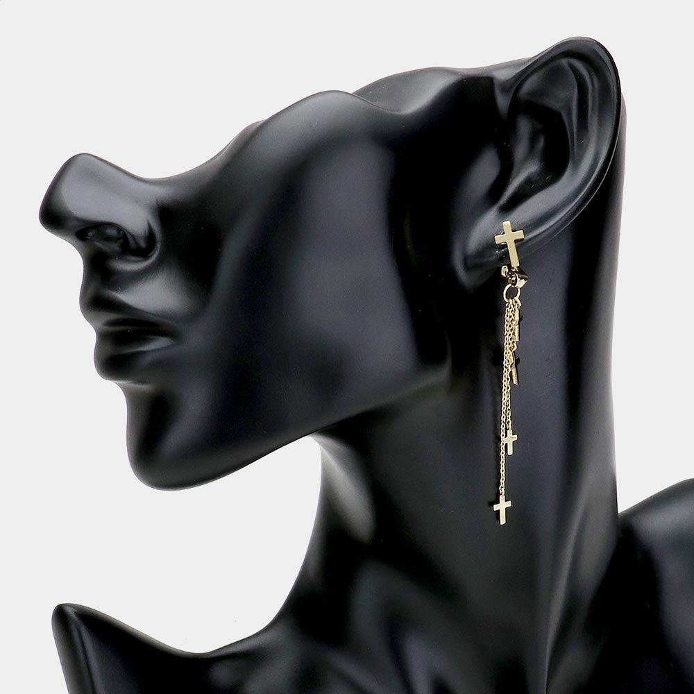 Gold Brass Metal Cross Chain Drop Earrings