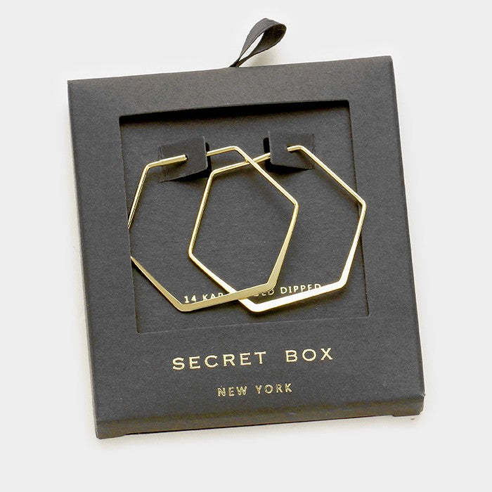 Secret Box 14K Gold Dipped hexagon hoop Earrings
