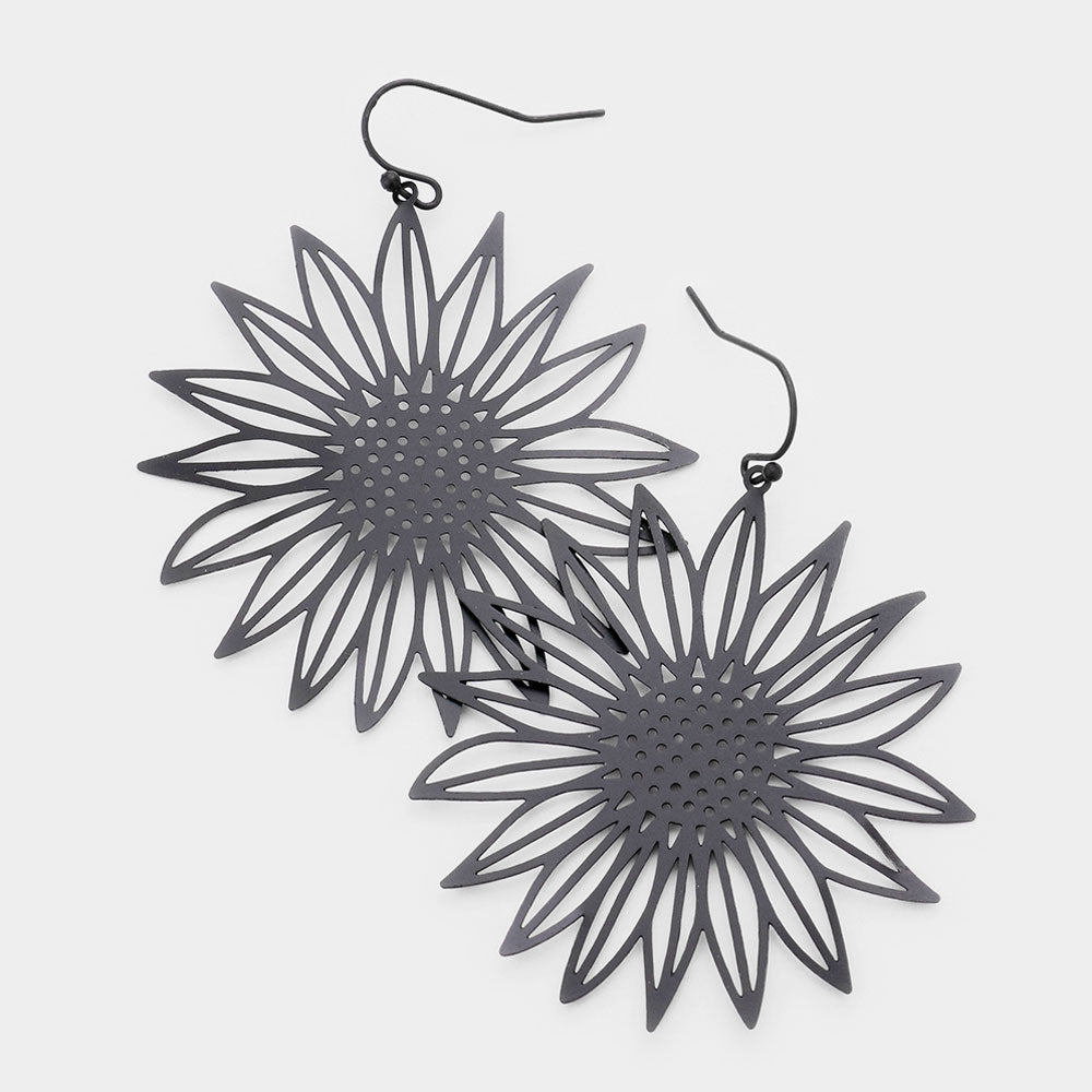 Black Brass Metal Sunflower Dangle Earrings