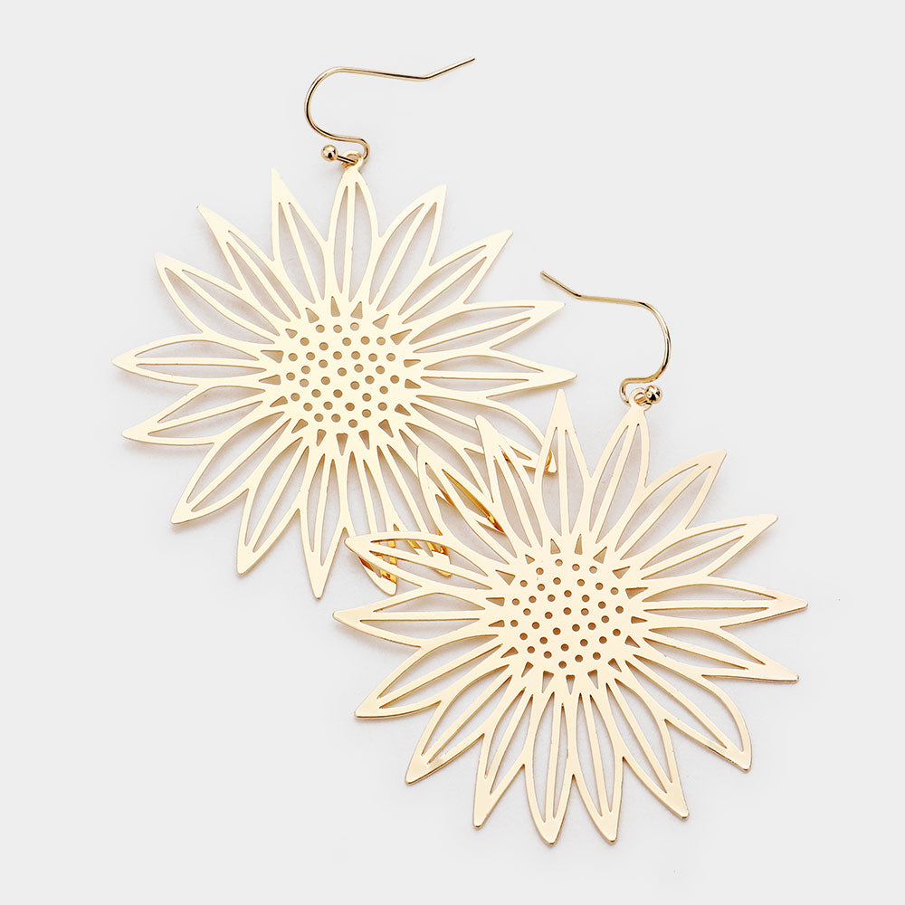 Gold Brass Metal Sunflower Dangle Earrings