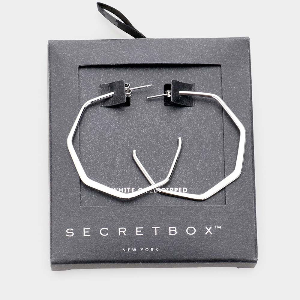 White Secret Box White Gold Dipped Metal Angled Hoop Earrings