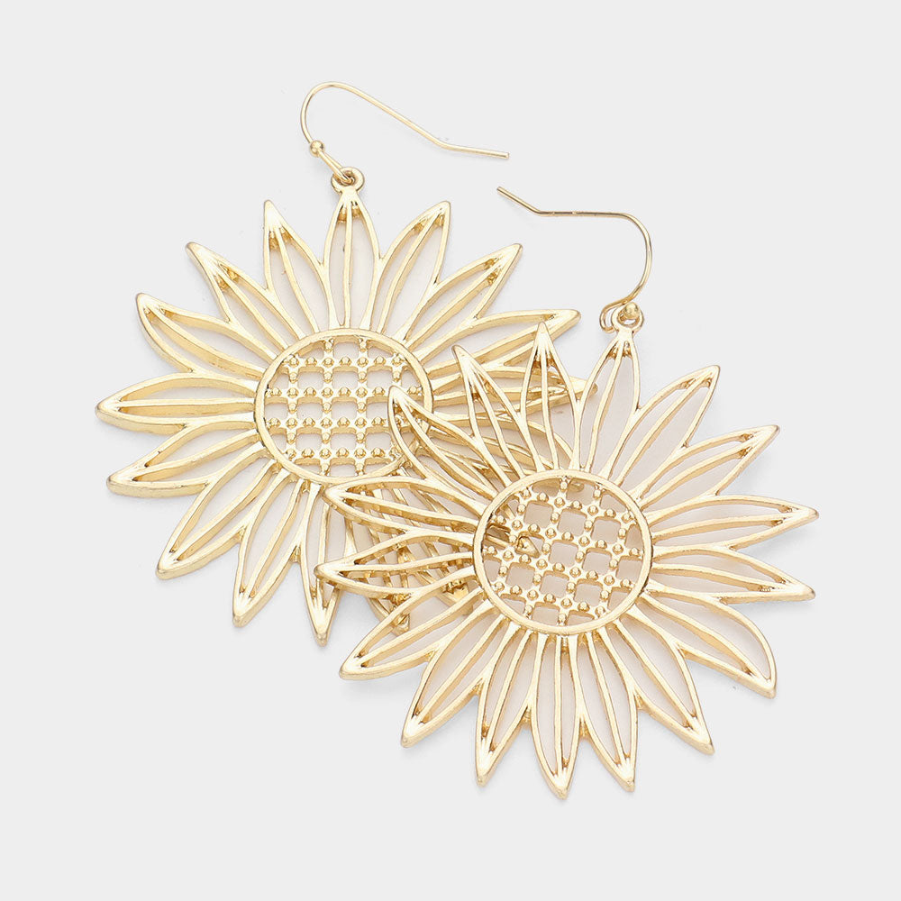 Gold Metal Sunflower Dangle Earrings