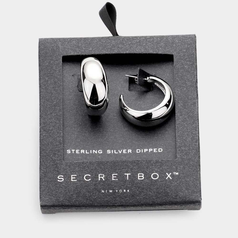 White Secret Box Sterling Silver Dipped Metal Half Hoop Earrings