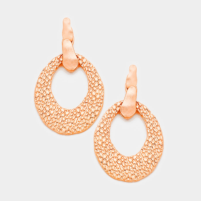 Rose Gold Embossed Cut Out Metal Oval Dangle Earrings