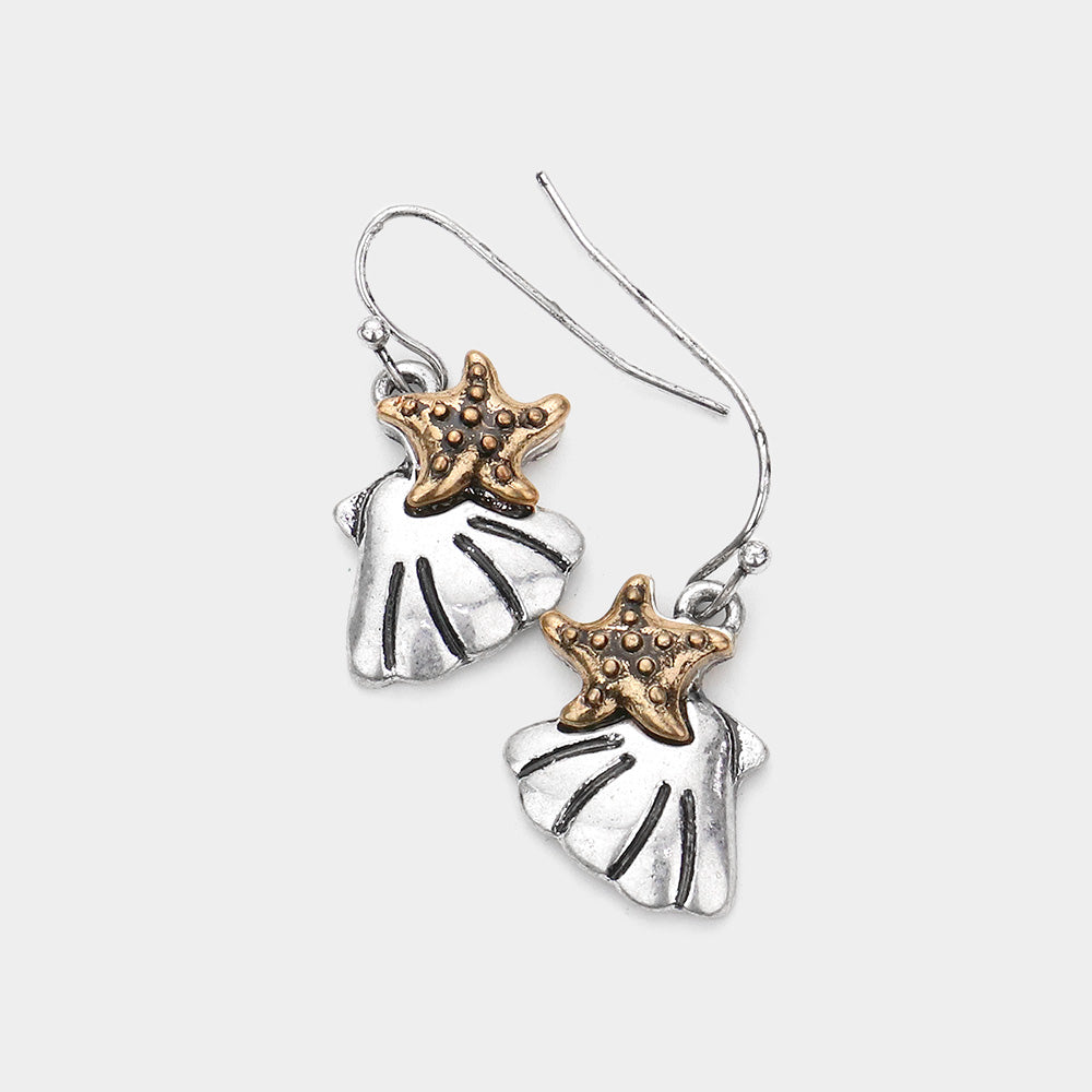 Two Tone Metal Starfish Shell Dangle Earrings