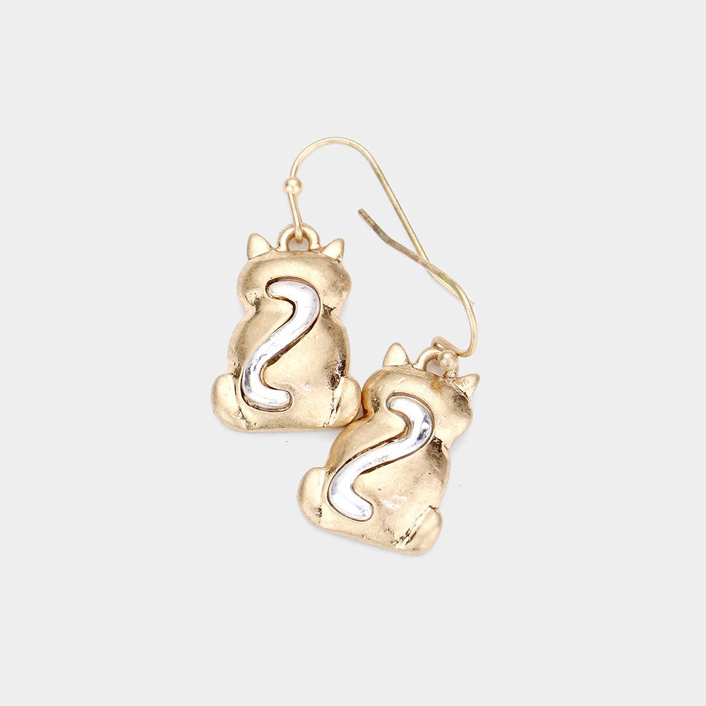 Two Tone Metal Cat Dangle Earrings