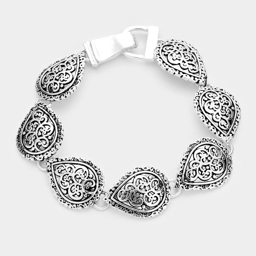 Silver Embossed Antique Metal Teardrop Magnetic Link Bracelet