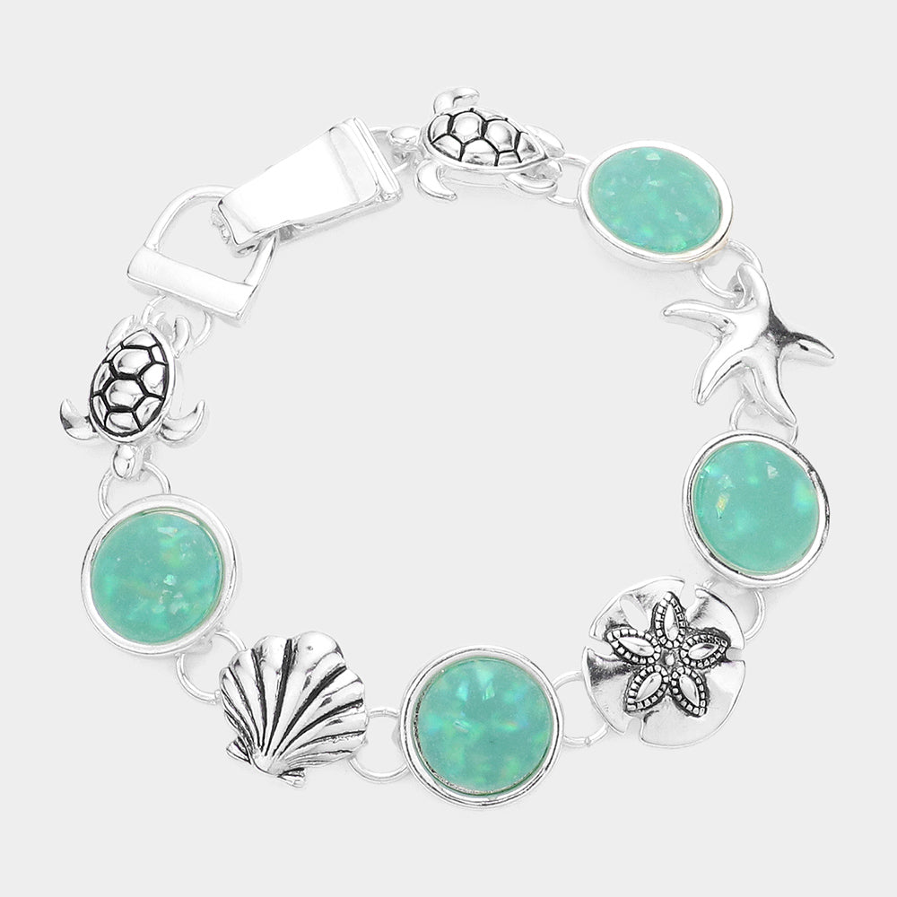 Turquoise Sea Glass Embossed Metal Sea Life Magnetic Link Bracelet