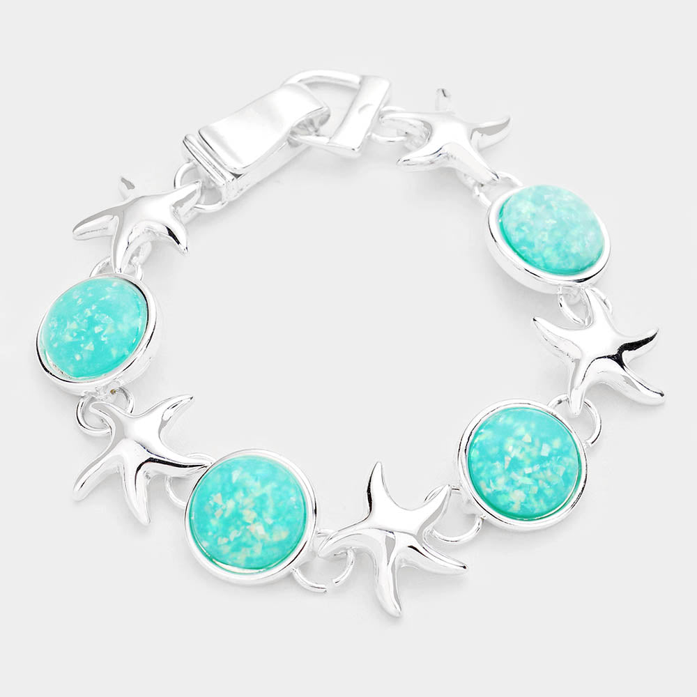 Turquoise Sea Glass Starfish Metal Magnetic Link Bracelet