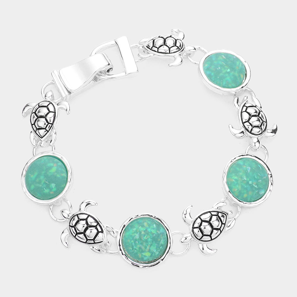 Turquoise Sea Glass Embossed Turtle Metal Magnetic Link Bracelet