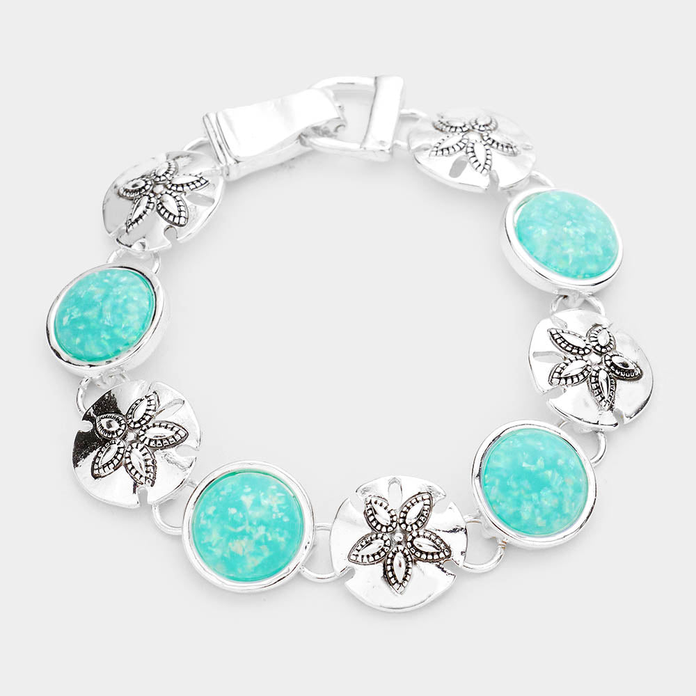 Turquoise Sea Glass Embossed Metal Sand Dollar Magnetic Link Bracelet